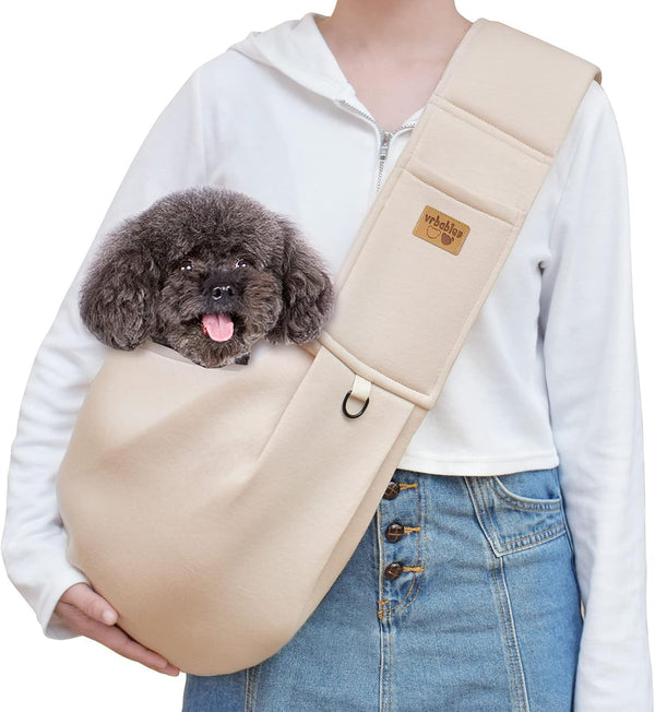 Dog Sling Carrier, Adjustable Strap, Soft Cotton Dog Carrier Bag with Pocket for Travel Outdoor (Beige)
