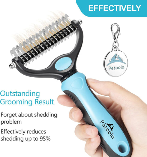 Pet Grooming Brush - 2 Sided Undercoat Rake for Deshedding and Detangling Fur for Cats and Dogs (Blue)