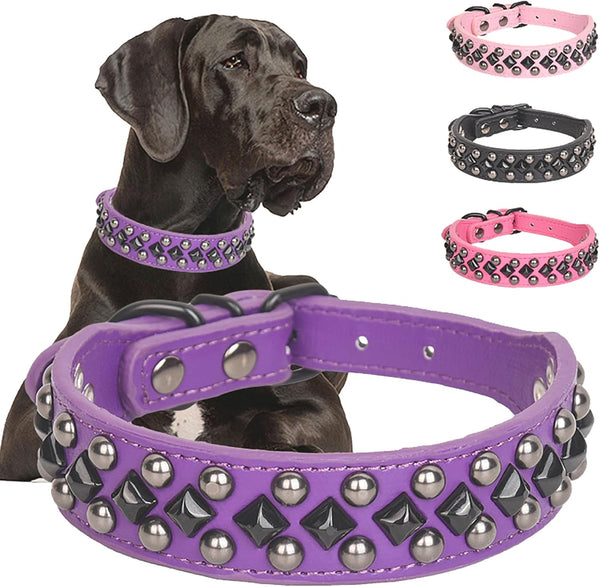 Spiked Studded Dog Collar, Soft PU Leather Squared Spike Adjustable for Small Medium Large Dogs