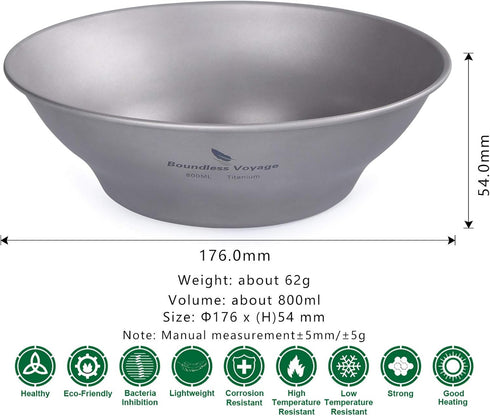 Boundless Voyage Ultralight Titanium Bowl Pan Plate Dish with Carry Bag Outdoor Camping Portable Tableware Cookware (Ti15165B (800ml Bowl)) by Boundless Voyage