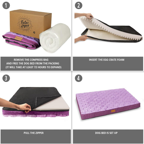 Patas Lague Checkered Orthopedic XXL Dog Bed for Extra Large Dogs, Waterproof with Removable Cover, Purple (48''X30'')