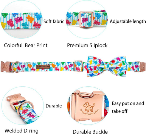 Elegant little tail Dog Collar, Summer Dog Collar with Bow tie, Blue Bear Print Dog Collars Pet Collar Boy Girl Cute Bowtie Collar Dog for Medium Dogs