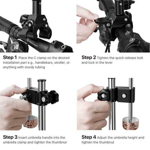 Flexzion Bicycle Umbrella Clamp Holder Mount, Universal Connector for Handlebar, Wheelchair, Stroller, Adjustable