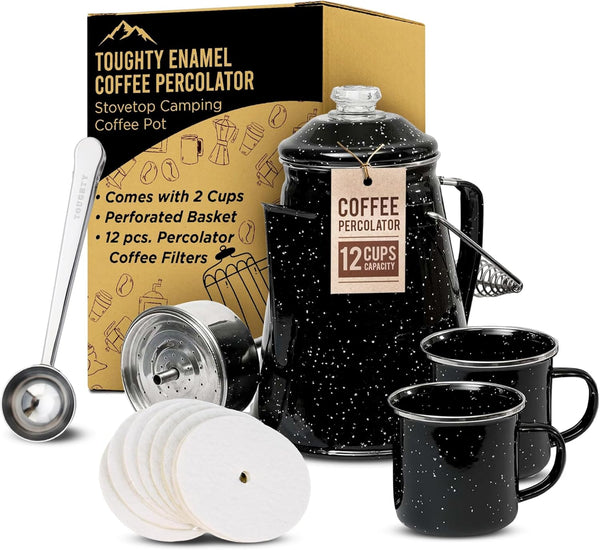 Toughty Enamel Coffee Percolator - Stovetop Coffee Maker for Camping, Open Fire,