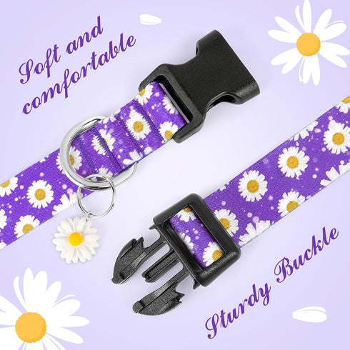 BiPawTi Floral Dog Collars for Large Dogs, Soft Cute Collar with Daisies Charms, Gift for Female Male Dogs (L, Purple)