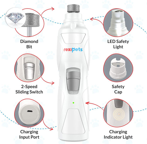 Trimmer- 2-Speed 3 4 REXIPETS Cat and Dog Nail Grinder - Rechargeable Electric Pet Nail Clipper & Painless Paws