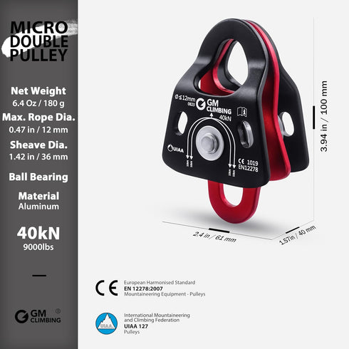 GM CLIMBING 40kN Micro Double Pulley Prusik Minding Ball Bearing for Arborist Tree Climbing Rigging