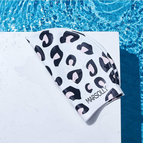 Swim Cap for Women - Silicone Swimming Cap for Long Hair with Leopard Print