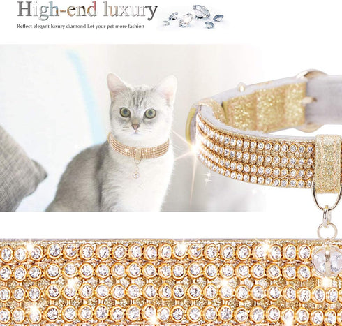 PetsHome Cat Collar and Dog Collar, Bling Rhinestones Premium PU Leather with Pendant, Adjustable Collars for Big Cat