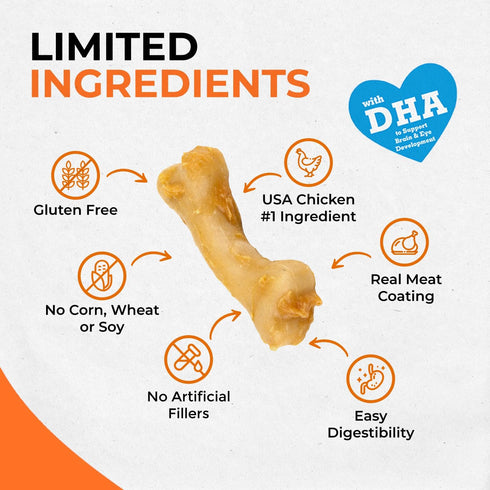 Canine Naturals IrresistiBONES Long Lasting Puppy Chicken and Rice Chew - Made with USA Chicken - All Natural - Added DHA for Healthy Growth - 3 Pack