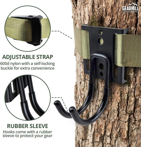 Tree Stand Gear Hanger, Comes with 3 Strong and Durable Double Tree Hooks for Hunting, Sturdy Thick Tie Down Straps,