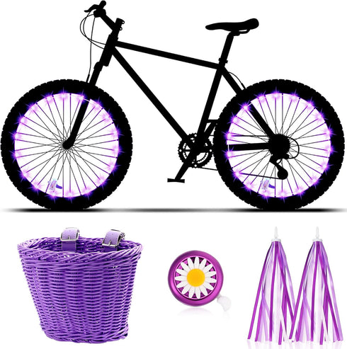 Kid's Bicycle Basket Streamers Set, Children's Wicker Basket with 2 LED Wheel Lights, Daisy Bike Bell