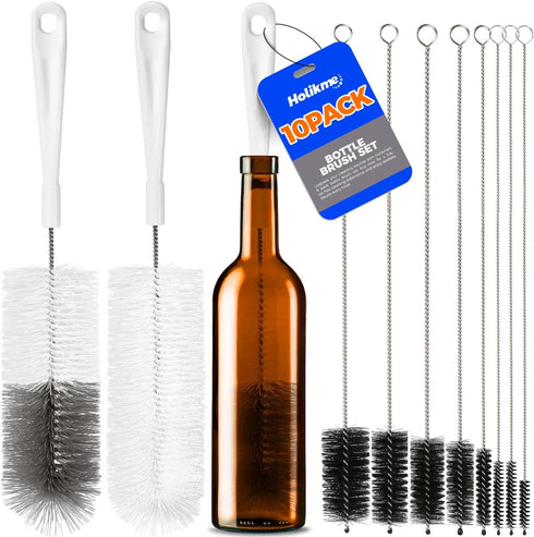 Holikme 10 Pack Bottle Brush Cleaner Set, 15" Long Handle, Flexible Water Bottle Brush, 8 Straw Cleaner Brush, White