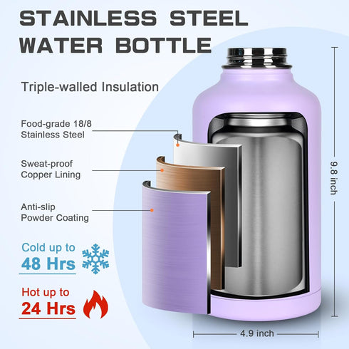 Insulated Water Bottle 64 oz, Half Gallon Cold Jug, BPA Free Stainless Steel with Straw/Chug 2-in-1 Lid