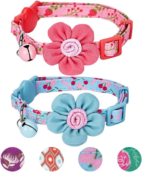 Blueberry Pet Pack of 2 Adjustable Breakaway Cat Collars, Lovely Cherry and Floral Prints with Flower & Bell, Neck