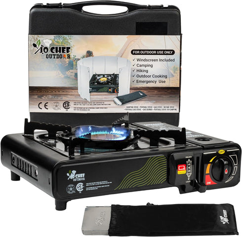Jo Chef Portable Butane Camping Stove - 9,500 BTU Gas Stove for Camping/Road Trips, Includes Windshield, CSA Certified