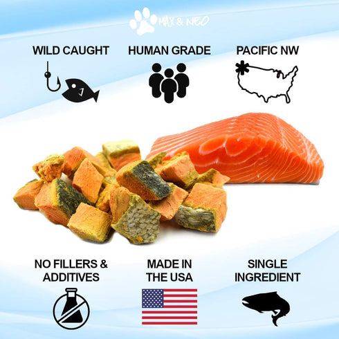 Max and Neo Freeze Dried Wild Caught Sockeye Salmon Dog Treats - Single Ingredient, Wild Caught Pacific Northwest Sockeye Salmon, Human Grade - We Donate 1 for 1 to Dog Rescues for Every Product Sold