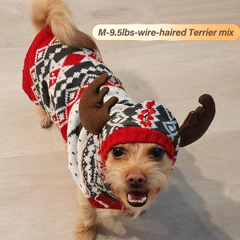 KYEESE Dog Christmas Sweater Hoodie with Leash Hole, Reindeer Snowflake Red Knitwear for Small Dogs, M