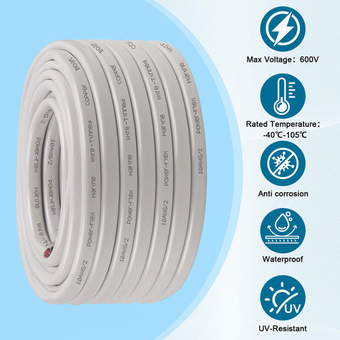 10 20FT 10 Gauge Marine Wire, AWG Tinned Copper Oxygen-Free Boat Cable Duplex, Waterproof & Corrosion Resistant