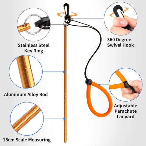 Pecihiko 13'' Scuba Diving Stick, Aluminium Alloy Lobster Tickle Stick Pointer Rod with Measurement, Adjustable Lanyard