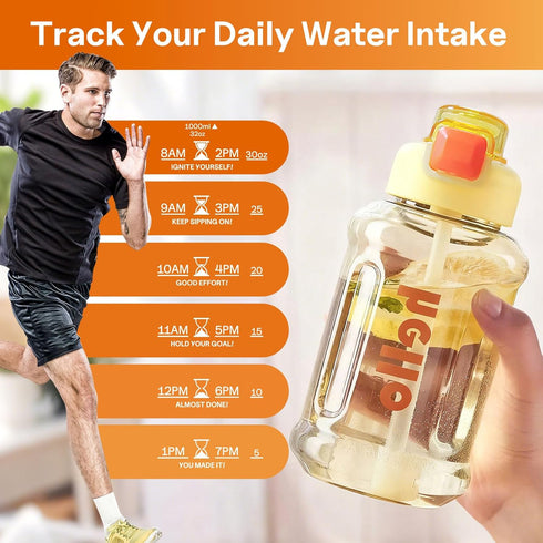 HFZDREDFLOW 33.8OZ) Sports Water Bottle Leak-Proof Design Large Capacity Food-Grade Material Volume Markings Includes