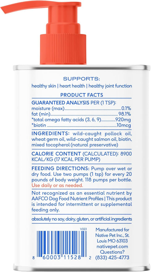 Native Pet Omega 3 Fish Oil for Dogs & Cats - 8oz Liquid Supplement, Promotes Healthy Skin, Shiny Coat, Strong Joints,