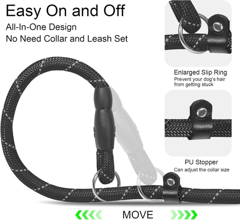 Slip Lead 5 FT for Small and Medium Dogs, Heavy Duty No Pull Reflective Nylon Training Leash, Black.
