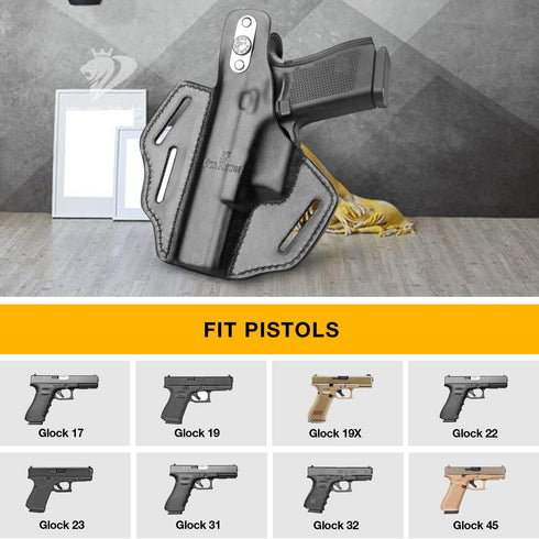 OWB Thumb Break Holster for Glock 17, 19, 19x, 22, 23, 31, 32, 45, Full Grain Leather, Right Hand