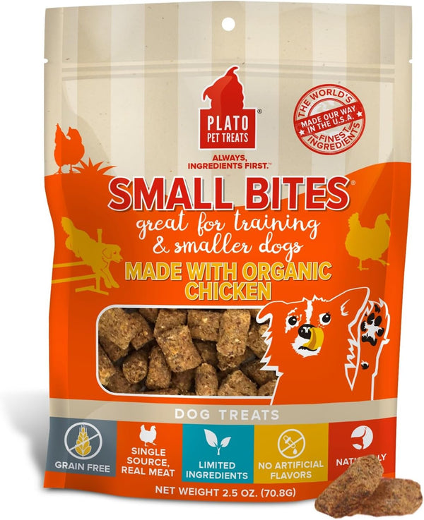 PLATO Small Bites Dog Treats - Natural Real Meat & Chicken Flavor, Grain Free, 2.5 Ounces