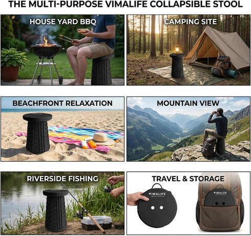 VIMALIFE 350lbs Upgraded Collapsible Folding Stool, Heavy Duty Capacity, Adjustable Height Collapsible Stool