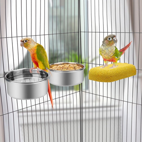Wontee Pet Food Water Bowl with Clamp Holder, 2 Packs Stainless Steel Feeding Cups for Dog Bird Cat Rabbit (M)