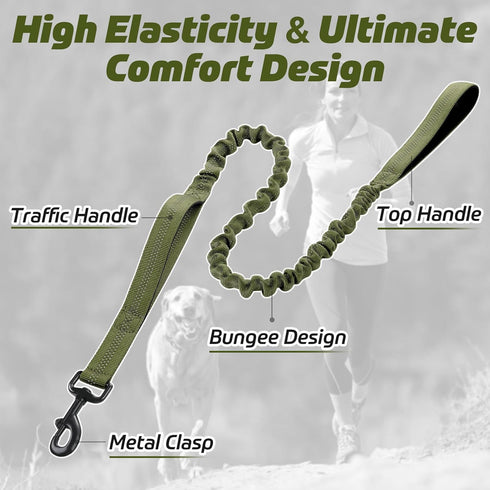rabbitgoo Green Military Dog Leash, 5.2FT Bungee Training Leash with Shock Absorption & 2 Padded Control Handles