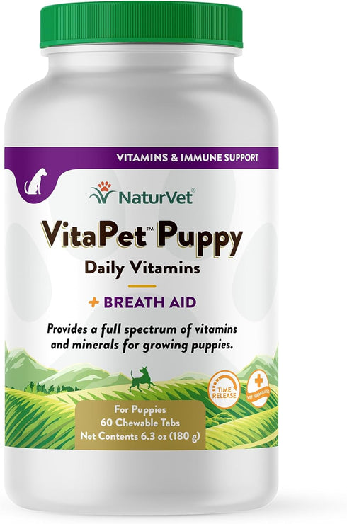 NaturVet VitaPet Puppy Daily Vitamins Plus Breath Aid, 60 ct Time Release Chewable Tablets, Made in USA
