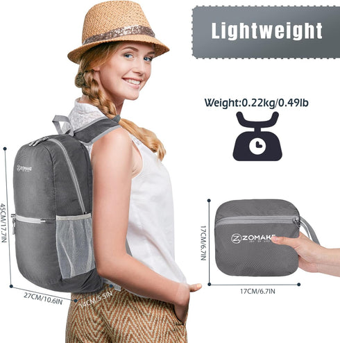 ZOMAKE 20L Ultra Lightweight Hiking Backpack - Packable Water Resistant Daypack for Men Women (Medium Grey)