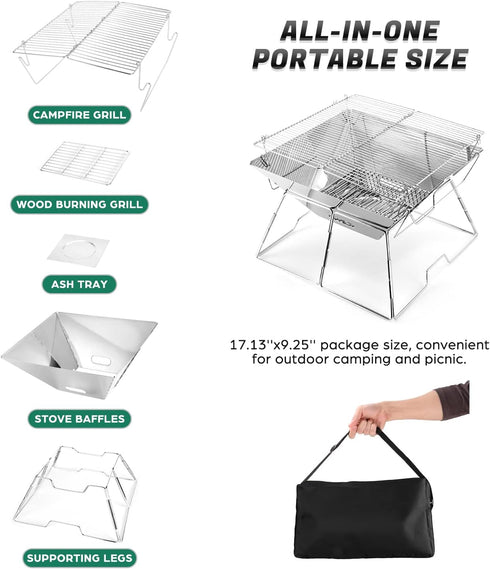Odoland Folding Campfire Grill, 304 Stainless Steel Barbeque Grill, Portable Camping Grill with Carrying Bag
