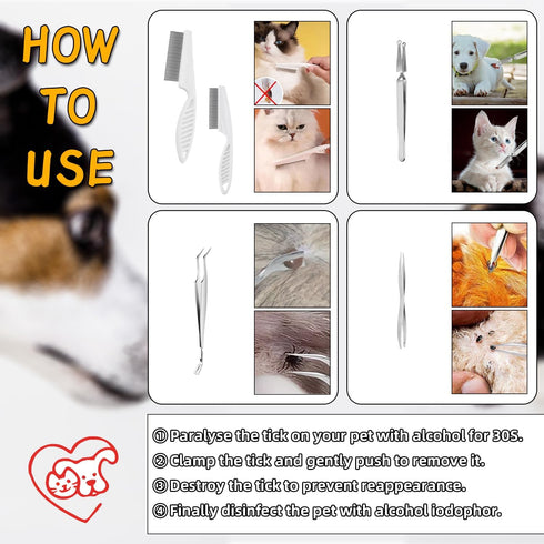 VEINARDYL 6 3 2 pcs Tick Removal Tool kit for Pets, Stainless Steel Tick Tweezers with Storage Pouch and Tick Comb
