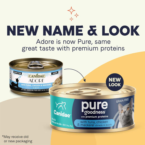 2.46 oz. 24), Canidae Pure Adore Premium Wet Cat Food, Tuna, Chicken & Mackerel in Broth, (Case of Grain Free
