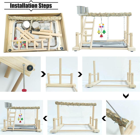 PINVNBY Bird Playground Parrot Playstand Birds Play Stand Wood Exercise Perch Gym Stand Playpen Ladder with Feeder Cups