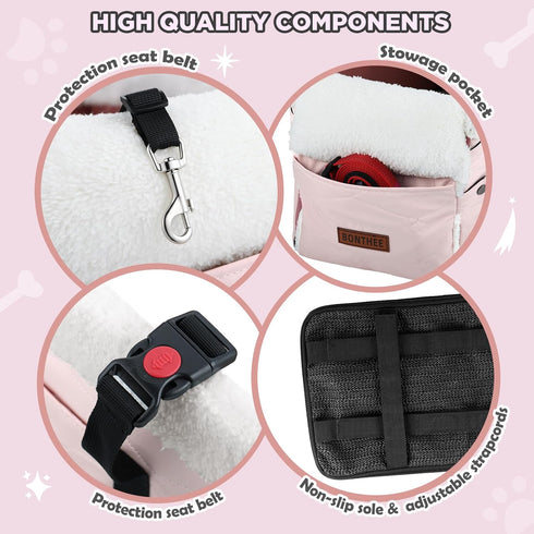 15lbs-Pink Center Console Dog Car Seat for Small Dogs,PU Leather Small Dog Car Booster Seat,Washable Foldable with Safe