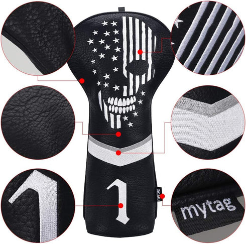 mytag Golf Skull Skeleton Head Cover, Black Leather Golf Club Headcovers Set for Driver, Fairway Wood