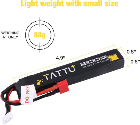 Tattu 11.1V LiPo Airsoft Stick Battery - 3S 1200mAh 25C Battery Pack with T Connector