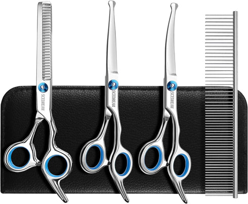Dog Grooming Scissors with Safety Round Tips - 5 in 1 Grooming Shears Set for Dogs and Cats