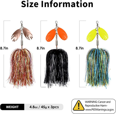 QualyQualy Fishing Spinner Bait 3pcs, Musky Bucktail Spinnerbait with Double Blades for Pike, Bass, Trout Lures