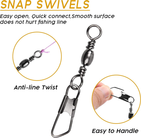 Snap Swivels Fishing Kit - Barrel Swivels with Safety Snap Connector for Saltwater, Freshwater Fishing Gear