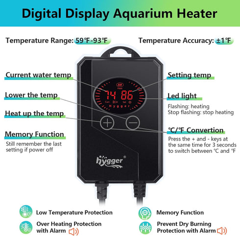 hygger Aquarium Heater 300W, Digital LED Controller, Overheating Protection, Submersible for 25-80 Gallon Tanks