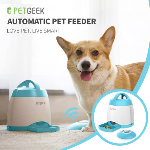 PETGEEK Dog Treat Dispenser with Button, Automatic Dog Feeder with Remote Control and Dual Power Supply, Dogs Puzzle