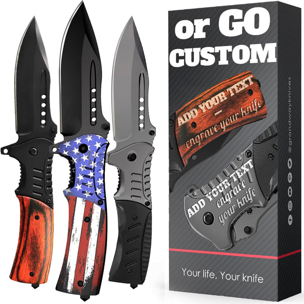 Grand Way Spring Assisted Pocket Knife, American Flag Tactical Knife for Men and Boys, Folding Knife