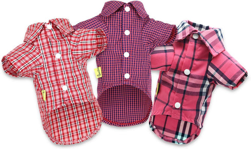 DroolingDog 3 Pack Plaid Dog Shirts - Small Dog T-Shirt with Checked Pattern, Puppy Button Up Tee, Black White Rose Blue