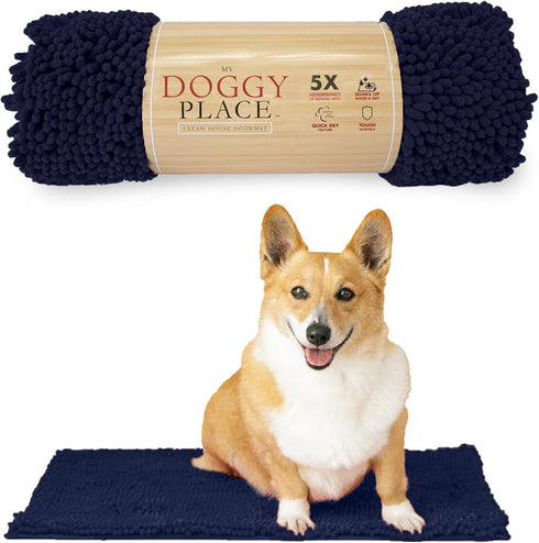 My Doggy Place Navy Blue Microfiber Dog Mat for Muddy Paws, 18" x 24" - Quick-Drying Non-Slip Cleaning Mat