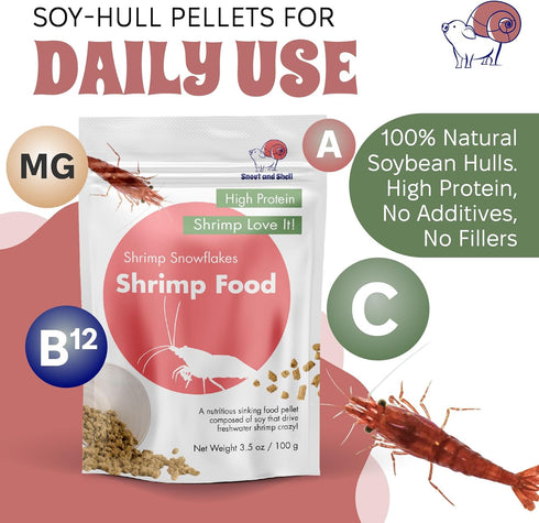 3.5oz/100mg Snout and Shell Snowflakes Shrimp Food - High Protein Sinking Soy Pellets for Tropical Freshwater